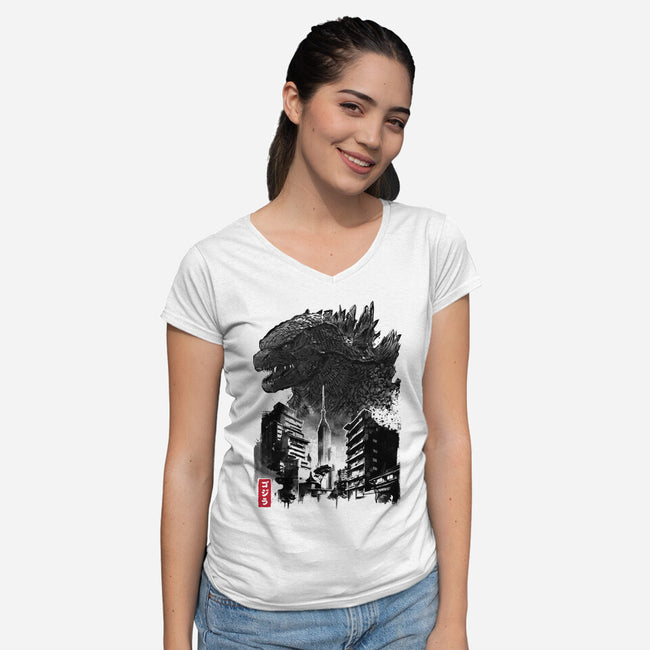 Godzilla Sumi-e-womens v-neck tee-DrMonekers