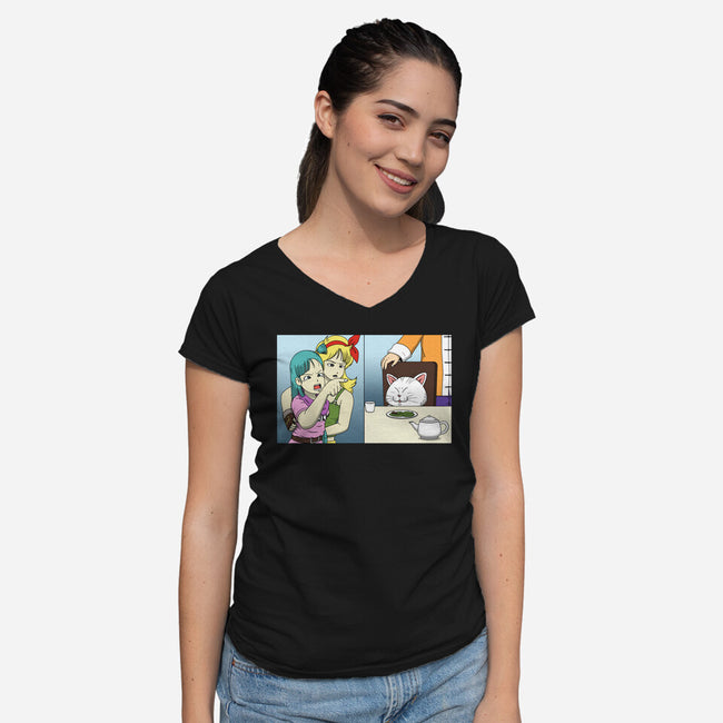 Girl Vs Cat-Womens-V-Neck-Tee-pigboom