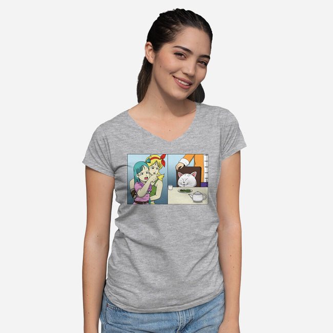 Girl Vs Cat-Womens-V-Neck-Tee-pigboom