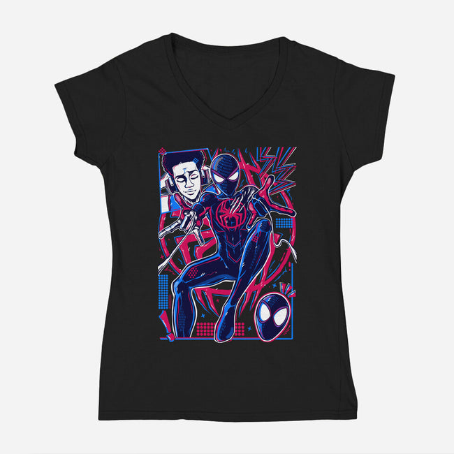 Spiderman Miles Morales-Womens-V-Neck-Tee-Panchi Art