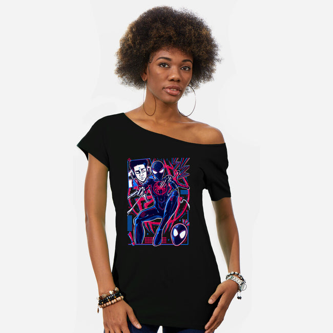 Spiderman Miles Morales-Womens-Off Shoulder-Tee-Panchi Art