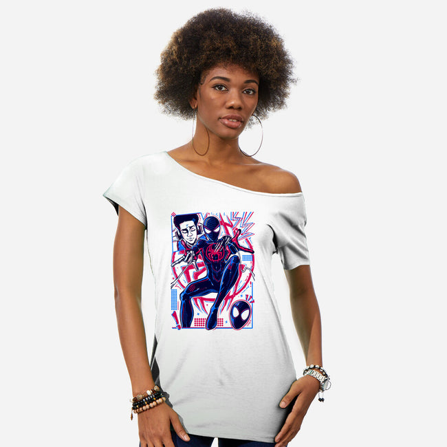 Spiderman Miles Morales-Womens-Off Shoulder-Tee-Panchi Art