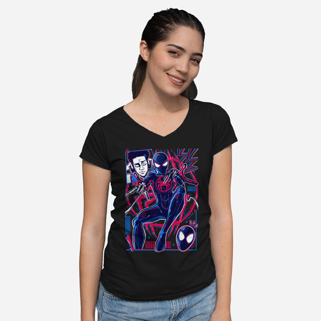 Spiderman Miles Morales-Womens-V-Neck-Tee-Panchi Art