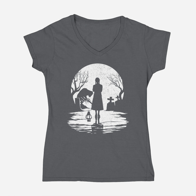 Spooky Moon-Womens-V-Neck-Tee-GrayspellHouse