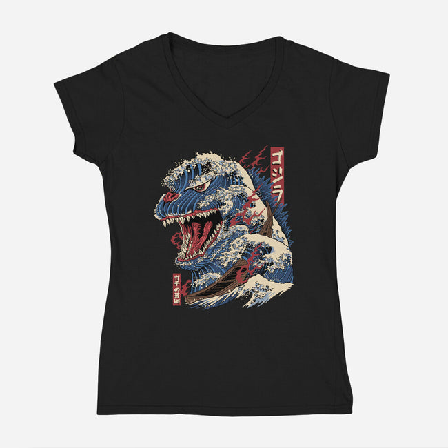 Great Godzilla-Womens-V-Neck-Tee-gaci