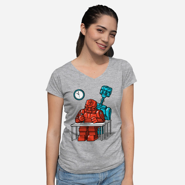 Robot Exam-Womens-V-Neck-Tee-Raffiti