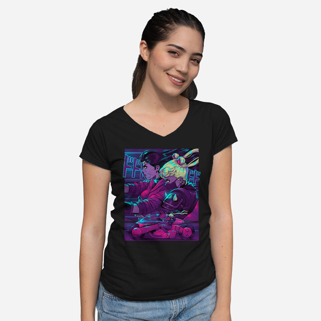 Neon Moon Eclipse-Womens-V-Neck-Tee-Bruno Mota