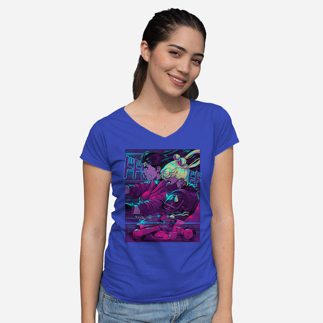 Neon Moon Eclipse-Womens-V-Neck-Tee-Bruno Mota