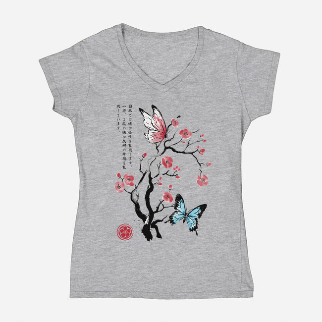 Two Butterflies Sumi-e-Womens-V-Neck-Tee-DrMonekers