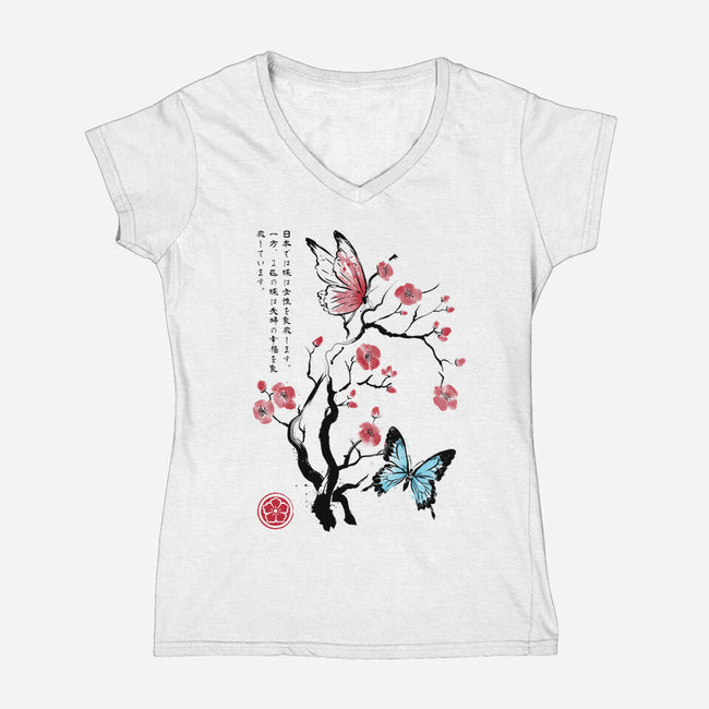 Two Butterflies Sumi-e-Womens-V-Neck-Tee-DrMonekers