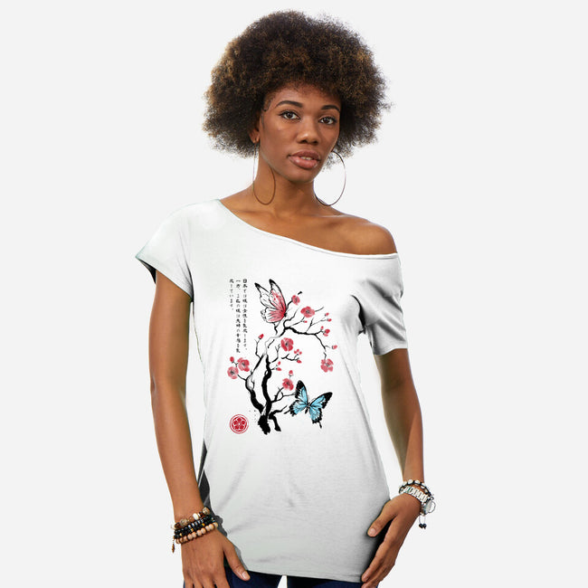 Two Butterflies Sumi-e-Womens-Off Shoulder-Tee-DrMonekers