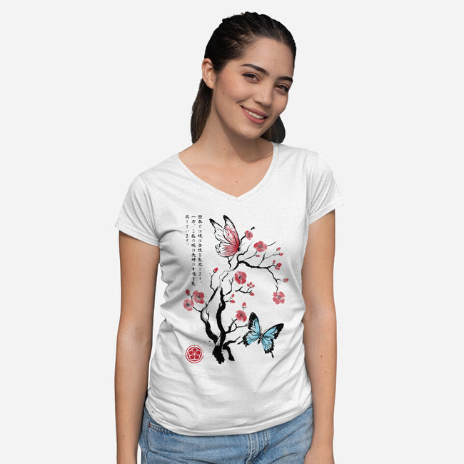 Two Butterflies Sumi-e-Womens-V-Neck-Tee-DrMonekers