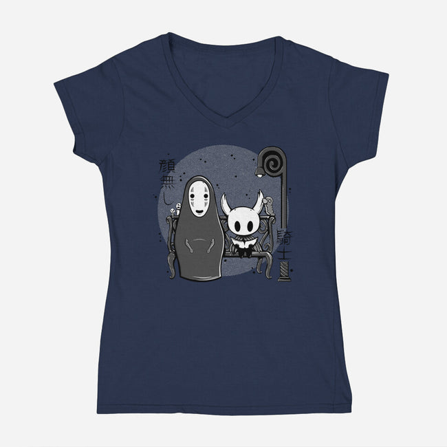 Hollow Face-Womens-V-Neck-Tee-Ca Mask