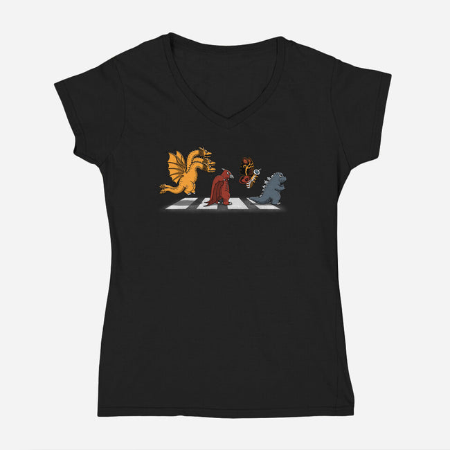 Kaiju Road-Womens-V-Neck-Tee-pigboom