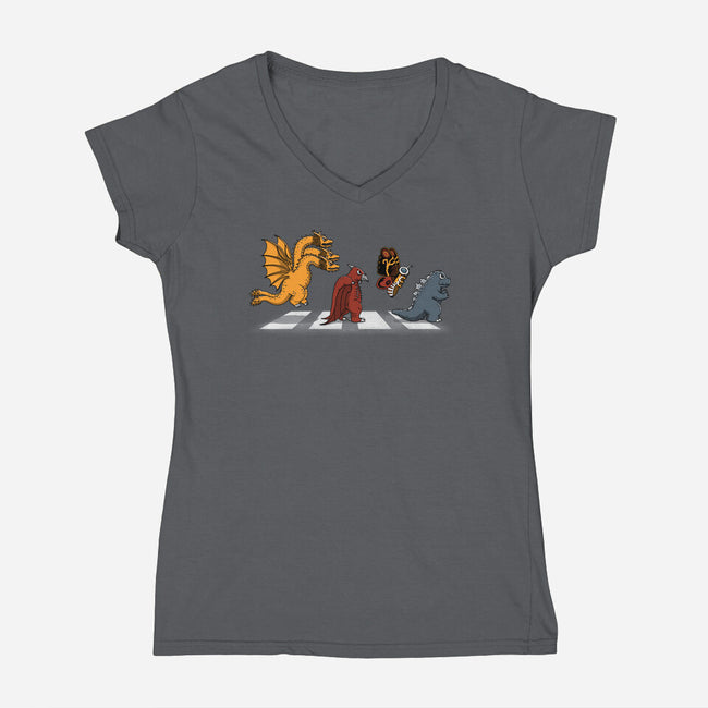 Kaiju Road-Womens-V-Neck-Tee-pigboom