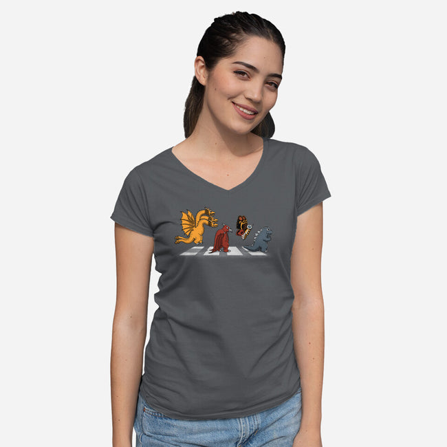 Kaiju Road-Womens-V-Neck-Tee-pigboom