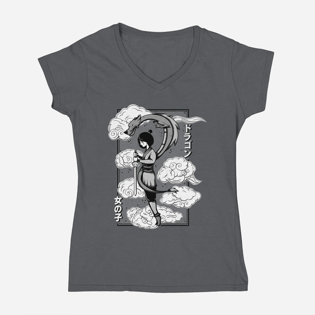 Girl And Dragon-Womens-V-Neck-Tee-Ca Mask