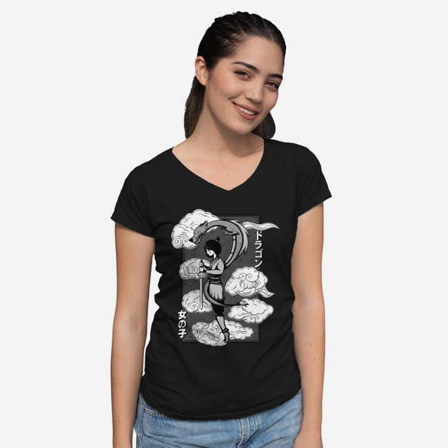 Girl And Dragon-Womens-V-Neck-Tee-Ca Mask