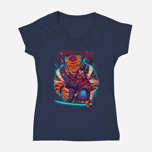 Cyber Samurai Tiger-Womens-V-Neck-Tee-Bruno Mota