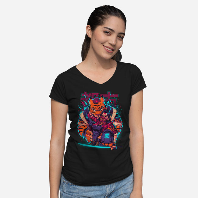 Cyber Samurai Tiger-Womens-V-Neck-Tee-Bruno Mota