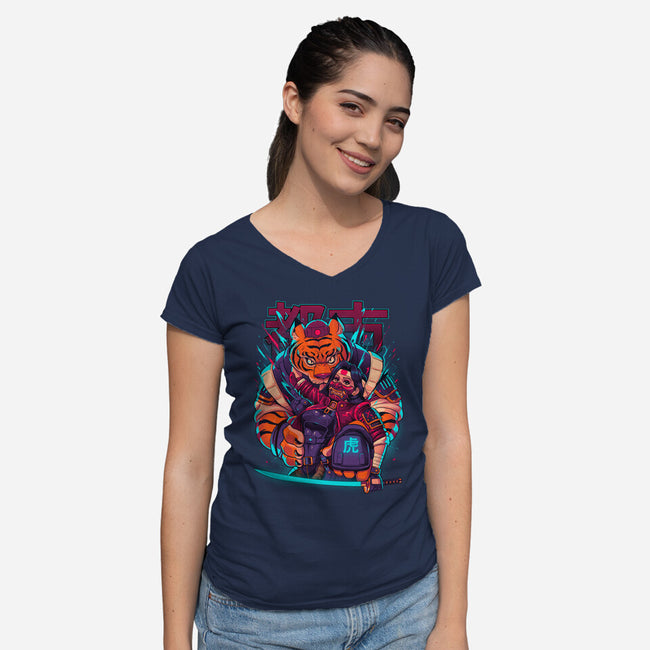 Cyber Samurai Tiger-Womens-V-Neck-Tee-Bruno Mota