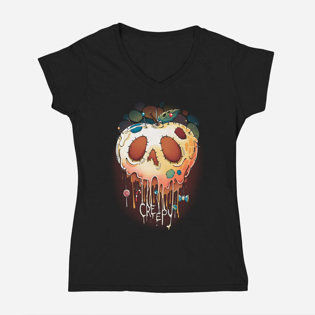 Creepy Apple-Womens-V-Neck-Tee-Vallina84