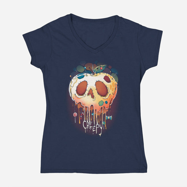 Creepy Apple-Womens-V-Neck-Tee-Vallina84