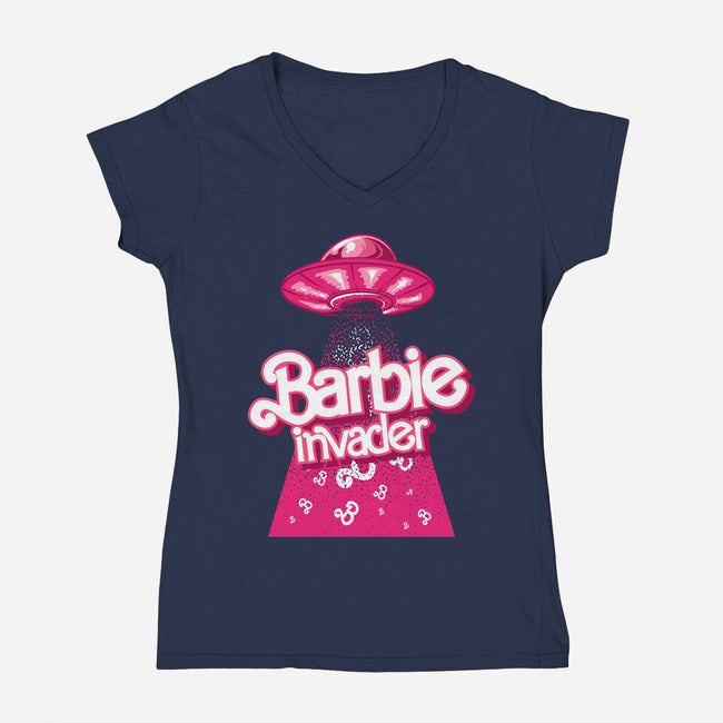 Barbie Invader-Womens-V-Neck-Tee-spoilerinc