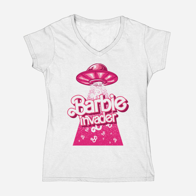 Barbie Invader-Womens-V-Neck-Tee-spoilerinc