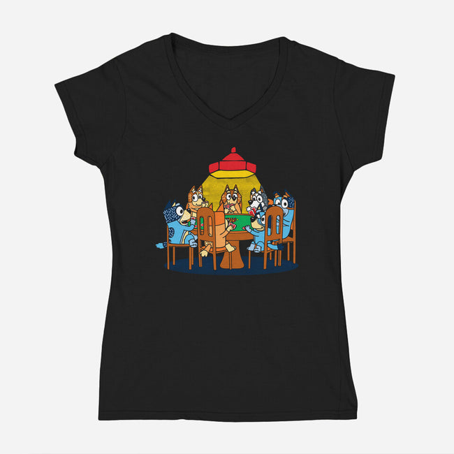 Heelers Playing Poker-Womens-V-Neck-Tee-dalethesk8er