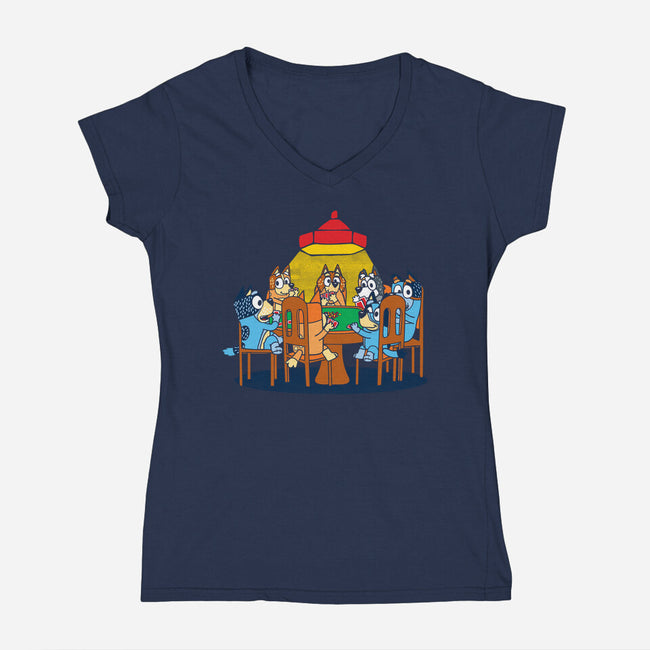 Heelers Playing Poker-Womens-V-Neck-Tee-dalethesk8er