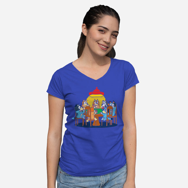 Heelers Playing Poker-Womens-V-Neck-Tee-dalethesk8er