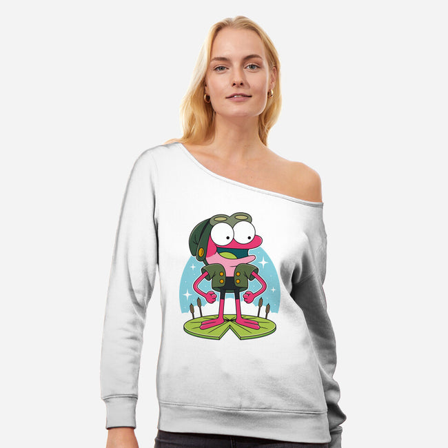 Pink Frog-Womens-Off Shoulder-Sweatshirt-Alundrart