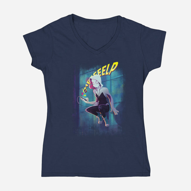 Spider Gwen Help-Womens-V-Neck-Tee-jacnicolauart