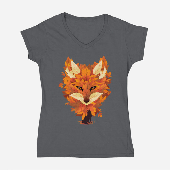 Autumn Leaves Fox-Womens-V-Neck-Tee-dandingeroz