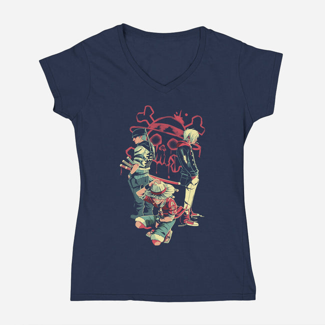 Monster Trio-Womens-V-Neck-Tee-Gazo1a