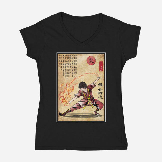 Fire Nation Master Woodblock-Womens-V-Neck-Tee-DrMonekers