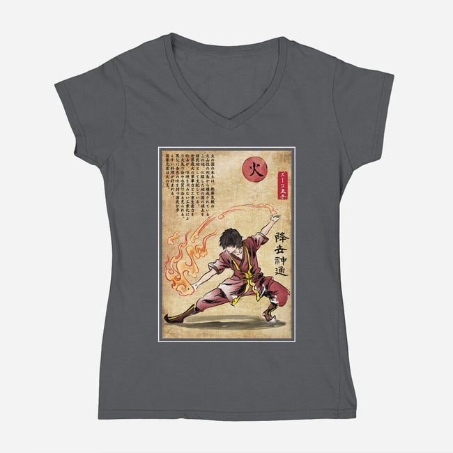 Fire Nation Master Woodblock-Womens-V-Neck-Tee-DrMonekers