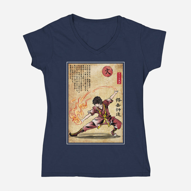 Fire Nation Master Woodblock-Womens-V-Neck-Tee-DrMonekers