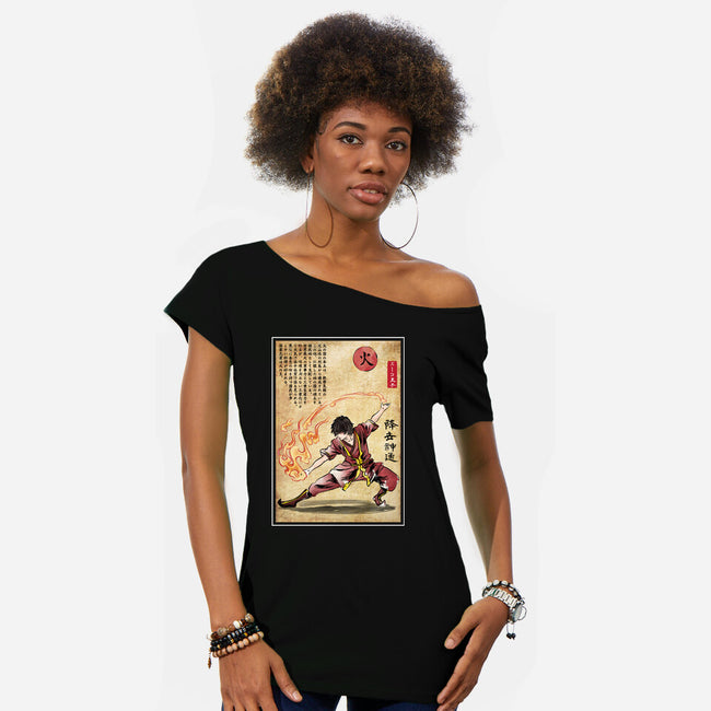 Fire Nation Master Woodblock-Womens-Off Shoulder-Tee-DrMonekers