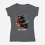 Caturn Embroidery Patch-Womens-V-Neck-Tee-NemiMakeit