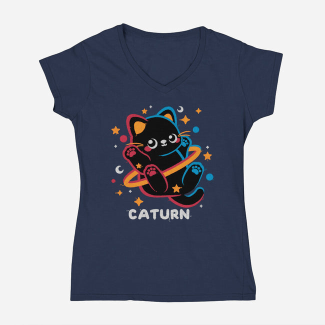 Caturn Embroidery Patch-Womens-V-Neck-Tee-NemiMakeit