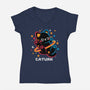 Caturn Embroidery Patch-Womens-V-Neck-Tee-NemiMakeit