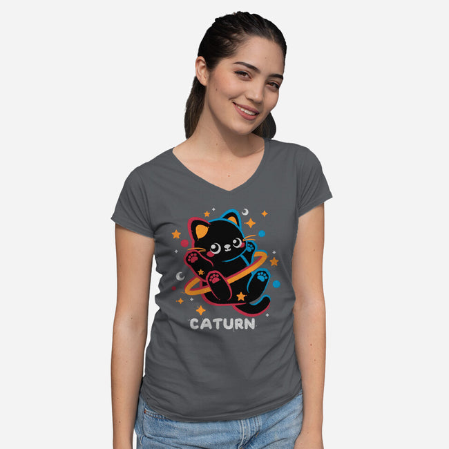 Caturn Embroidery Patch-Womens-V-Neck-Tee-NemiMakeit