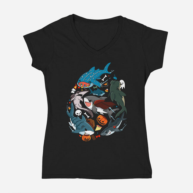 Halloween Sharks-Womens-V-Neck-Tee-Vallina84