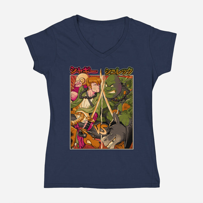 Samurai Sukubi VS Shurekku-Womens-V-Neck-Tee-Bruno Mota