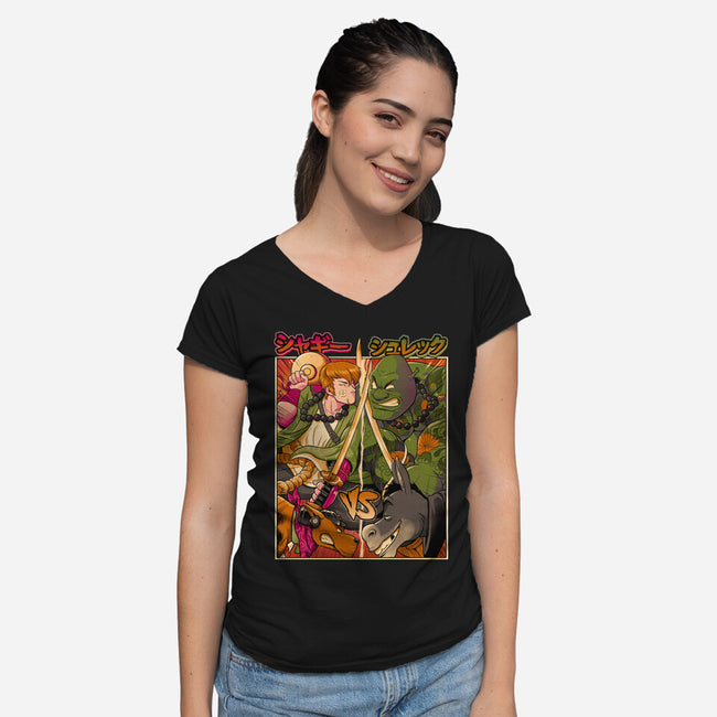 Samurai Sukubi VS Shurekku-Womens-V-Neck-Tee-Bruno Mota