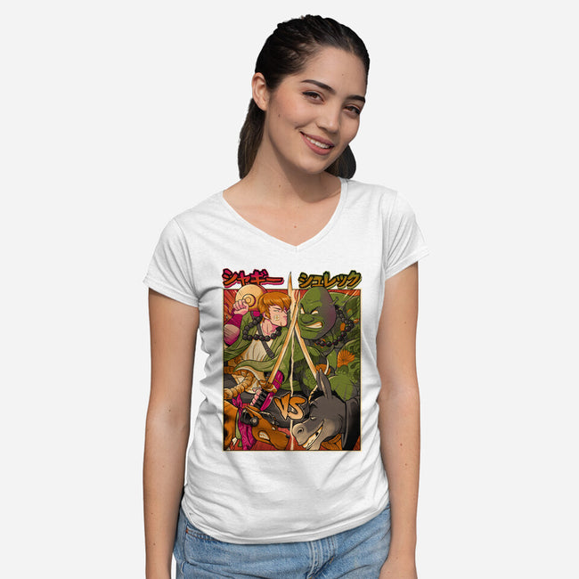 Samurai Sukubi VS Shurekku-Womens-V-Neck-Tee-Bruno Mota