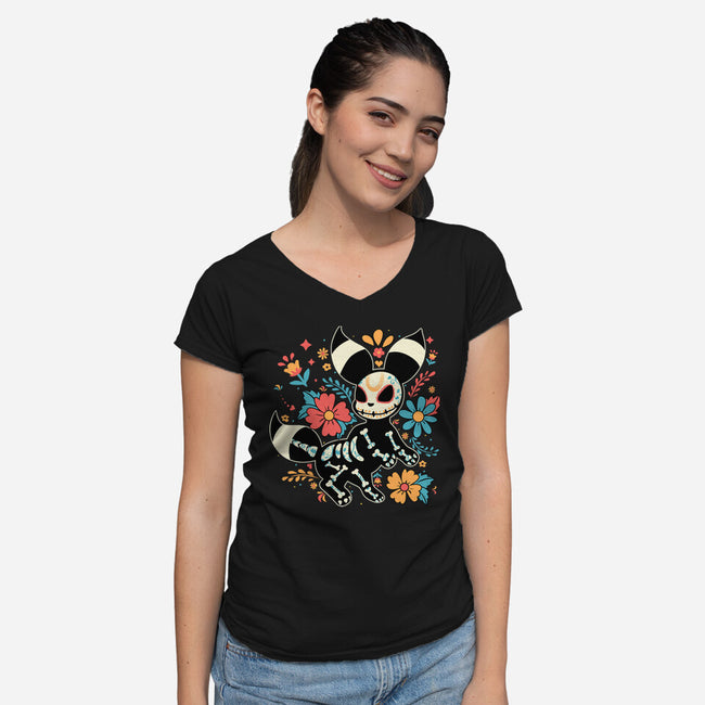 Night Skeleton-Womens-V-Neck-Tee-IKILO