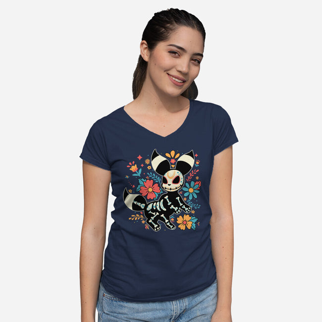 Night Skeleton-Womens-V-Neck-Tee-IKILO